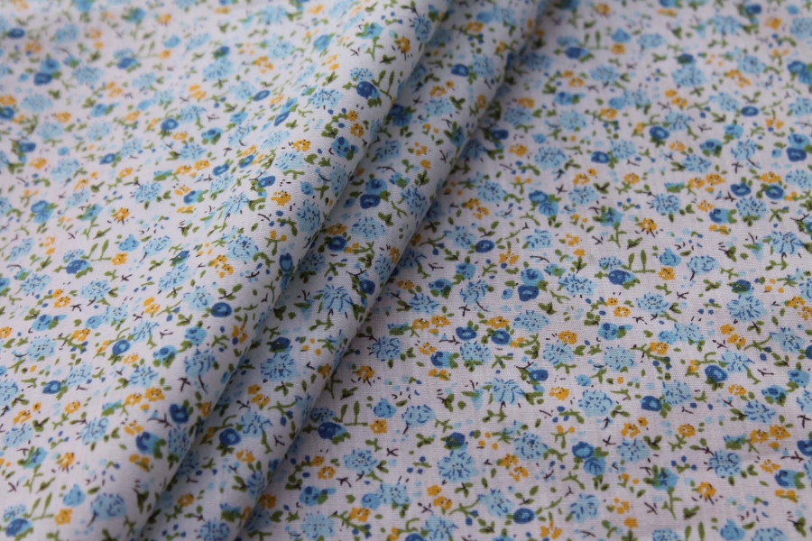 Printed Cotton Lawn - Yellow, Green, Dark and Pale Blue on Off White