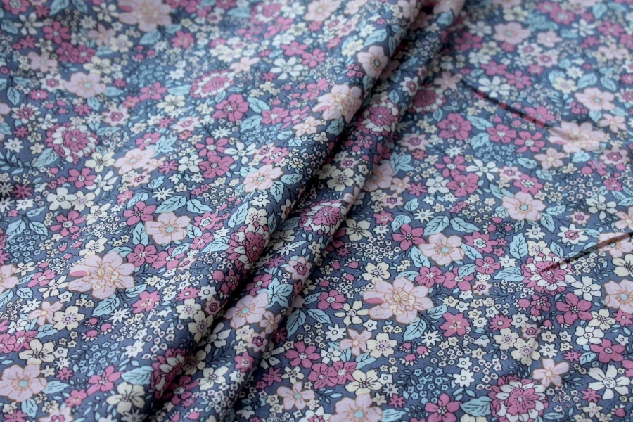 Printed Cotton Lawn - Pink and Blue on Grey
