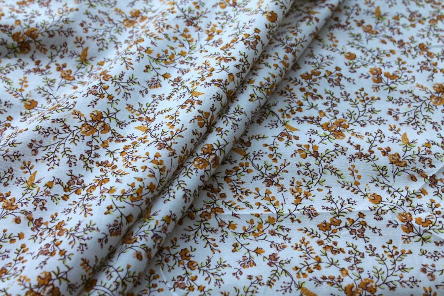 Printed Cotton Lawn - Orange, Tan and Green on Off White