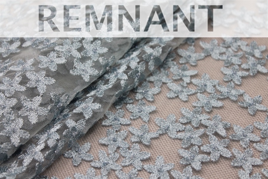 REMNANT - Beaded and Embroidered Flowers on Tulle - New Pale Blue - 0.75m Piece