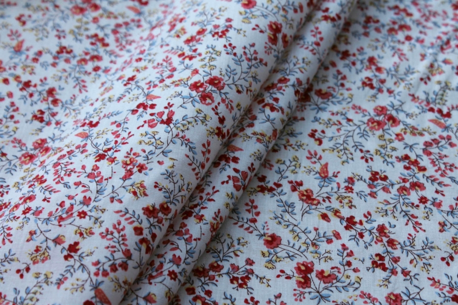 Printed Cotton Lawn - Red, Pink and Pale Blue on Off White