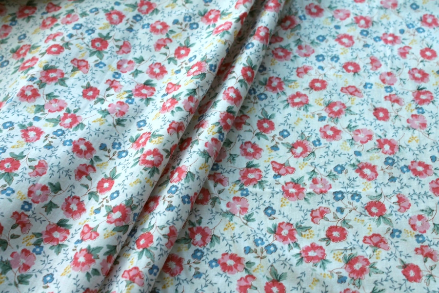 Printed Cotton Lawn - Yellow, Coral and Blue on Off White