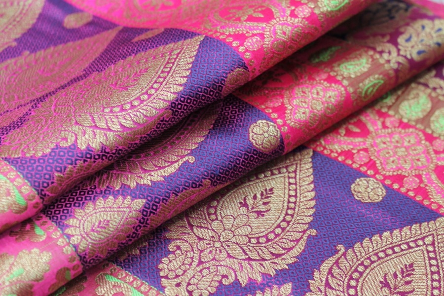 Banaras Brocade - Stripe Paisley in Purples, Pinks and Bright Green