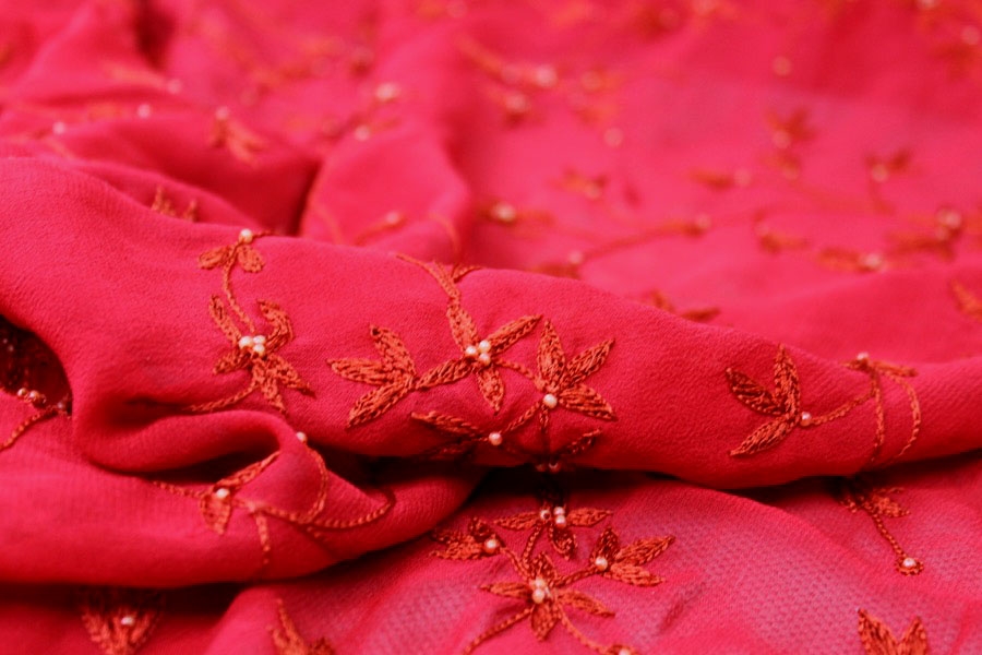 Red Floral Embroidered Silk Chiffon with Pearls