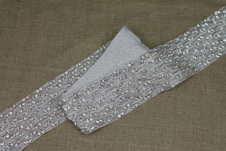 Wide Beaded Diamanté Grosgrain Ribbon in Ivory and Silver 