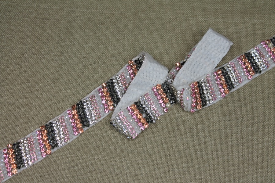 Beaded Diamanté Grosgrain Ribbon in Pink Gold Charcoal and Silver