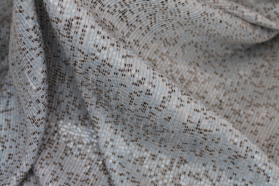 Micro Sequin On Silk Chiffon - Dusty Blue and Black