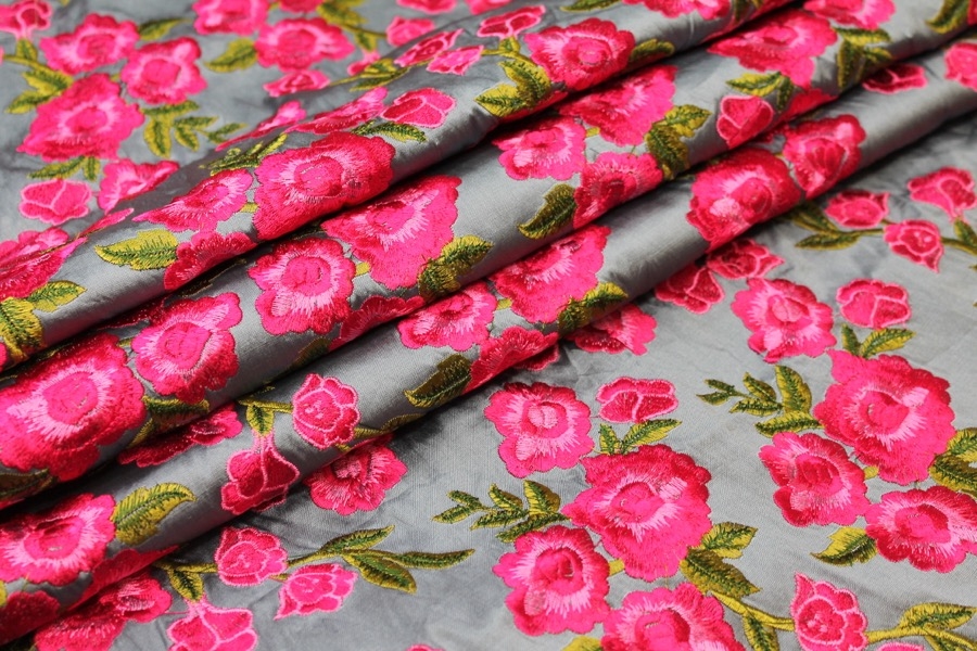 Embroidered Dupion - Bright Pink Roses on Grey Blue