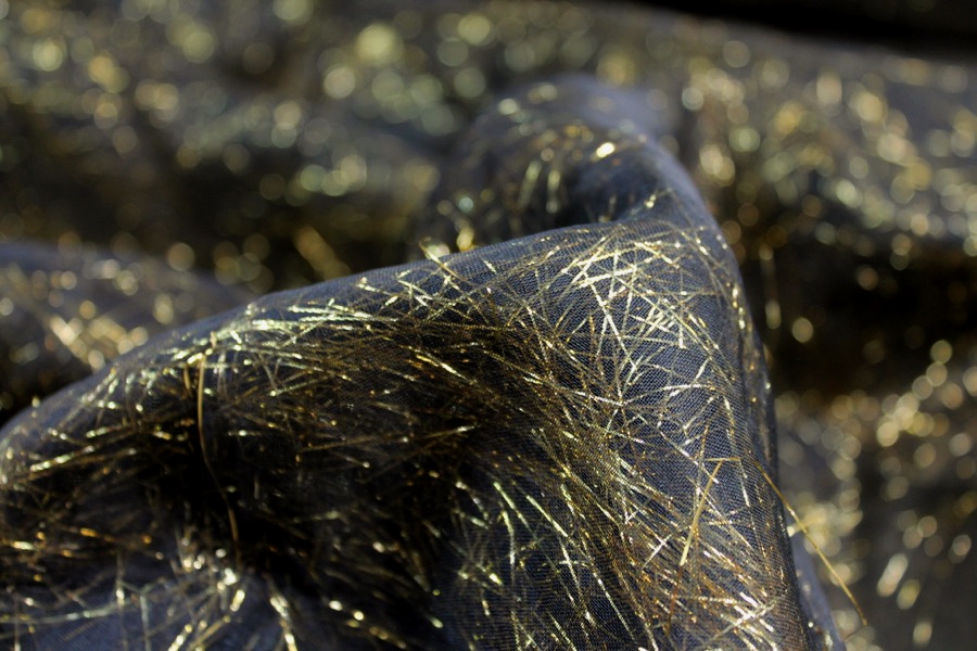 Gold Tinsel Strands Sandwiched in Silk Organza - Black