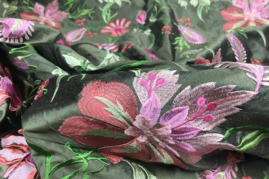 Olive Silk Dupion with Floral Embroidery in Pinks and Greens