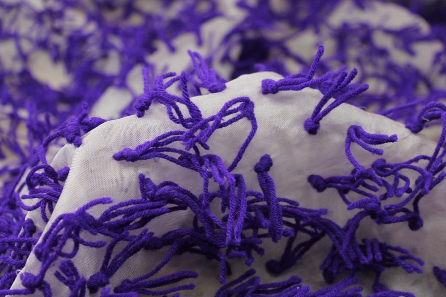 Yarn Tassels on Silk Organza - Purple on Lilac