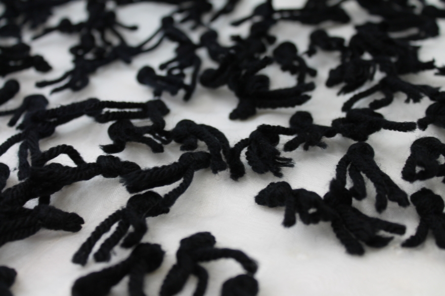 Yarn Tassels on Silk Organza - Black on Ivory