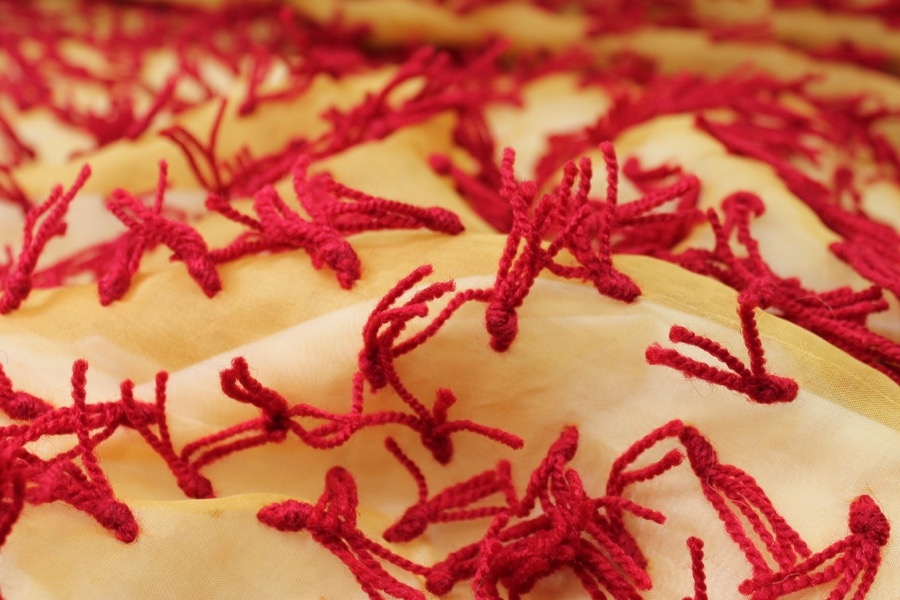Yarn Tassels on Silk Organza - Red on Yellow