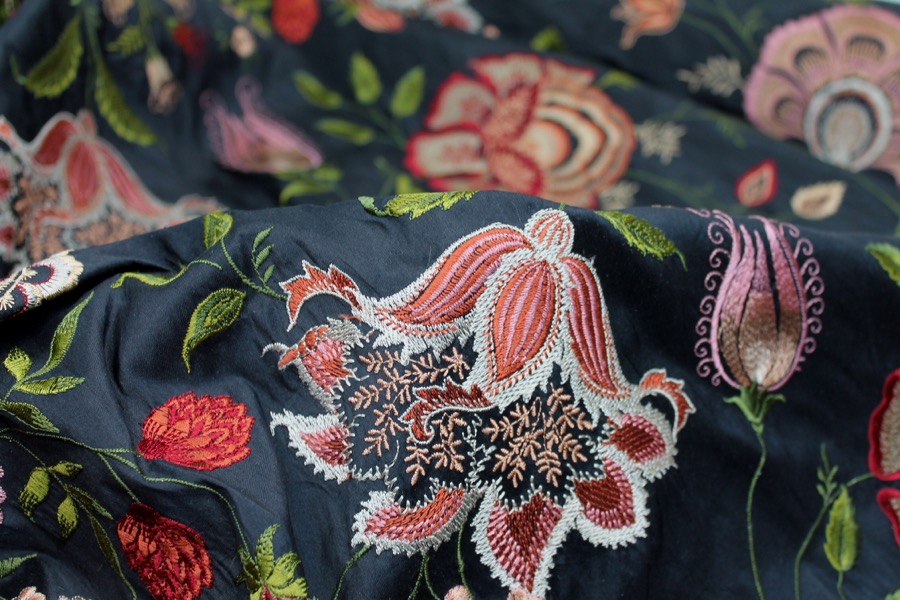 Large Floral Embroidery on Black Silk Dupion