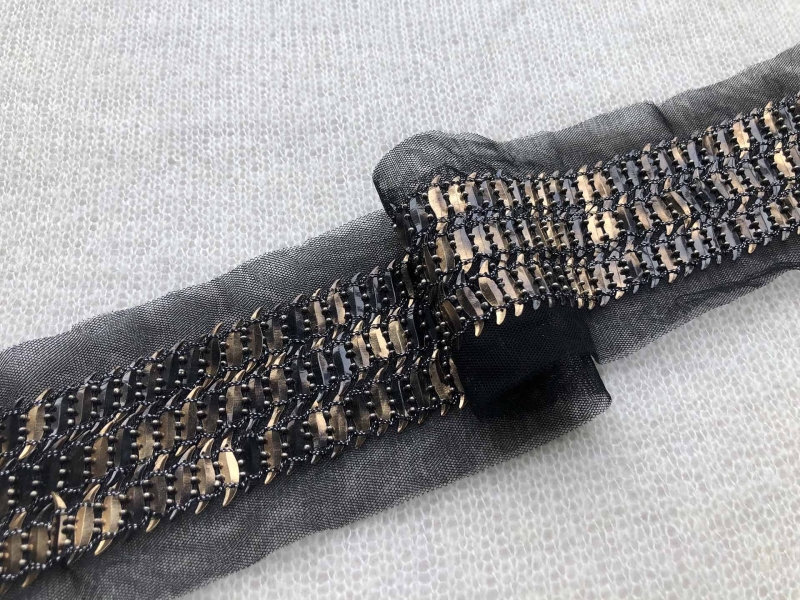 S-Shaped Sequin Trim with Beads - Triple Black and Antique Gold