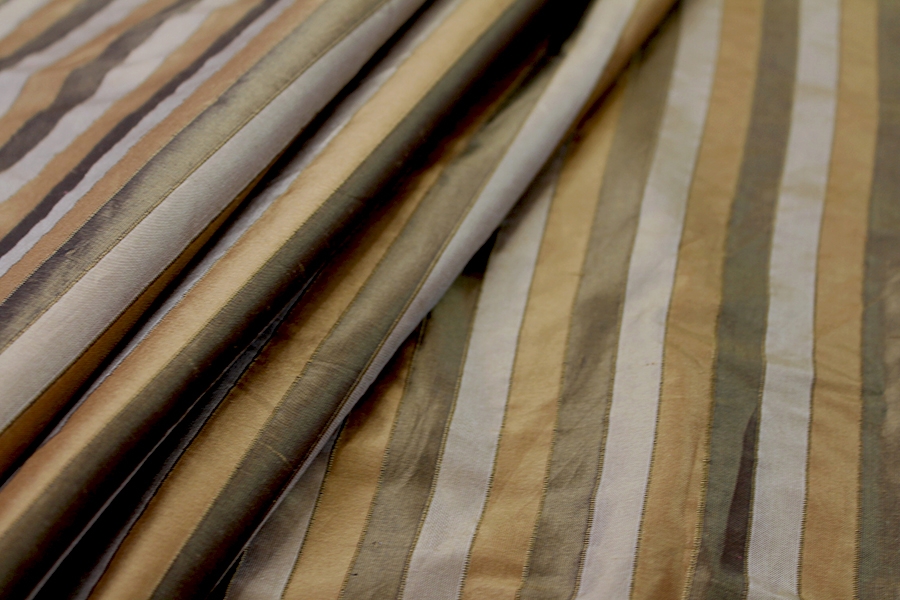 Wide Striped Silk Dupion - Khaki and Dark Brown