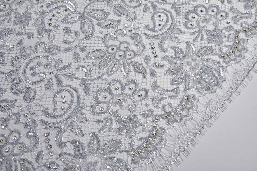 Beaded Metallic Silver Lace with Crystals