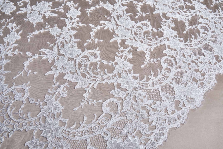 Beaded Corded Scroll Border Leavers Lace - Ivory Double Scallop
