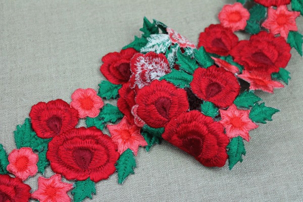 Embroidered Rose Trim - Red and Green
