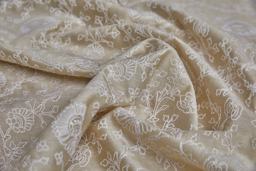 OUT OF STOCK - Off White Embroidery on Natural Silk Tassar 