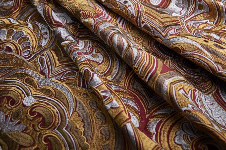 Heavy Swirl Embroidered Dupion - Red Gold and Grey