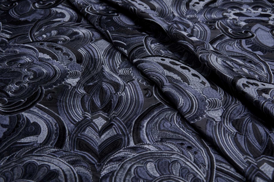 Heavy Swirl Embroidered Poly Dupion - Charcoal