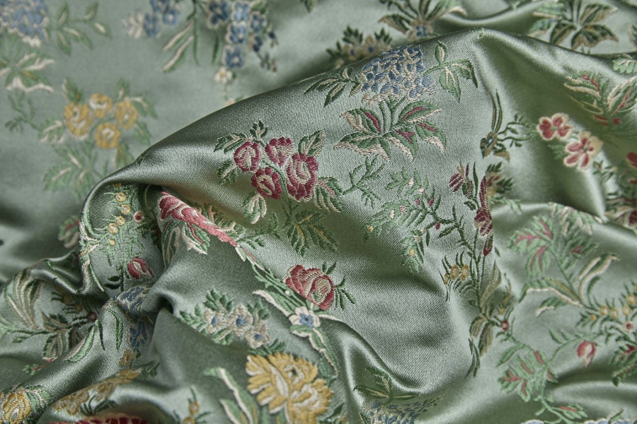 Classic Regency Floral Brocade - Pale Green with Coral, Green, Yellow and Blue