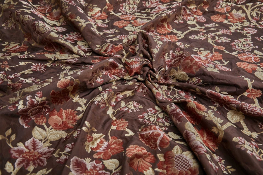 Tapestry Style Floral Brocade - Red, Pink and Pale Gold on Deep Maroon