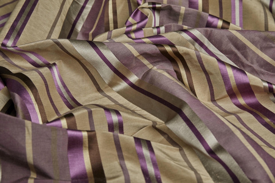 Woven Satin Stripe Brocade - Aubergine, Khaki, Gold and Brown