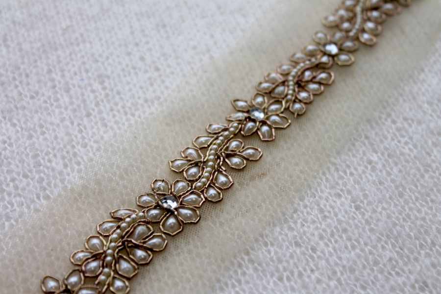 Floral Pearl and Metal Work Trim - Ivory / Coppery Gold