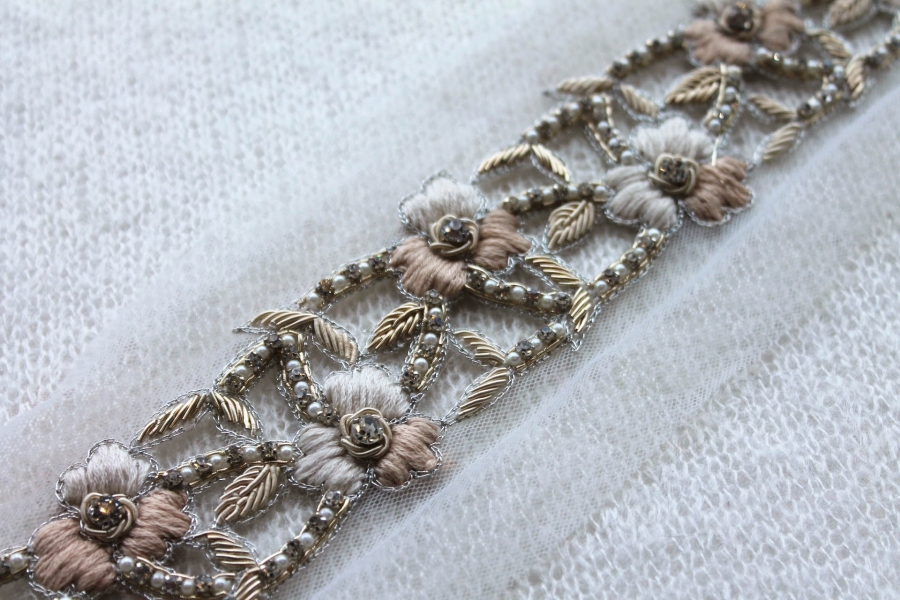 Floral Embroidered Cut-out Trim with Crystals, Beads, Metal Work and Pearls - Ivory/Blush 