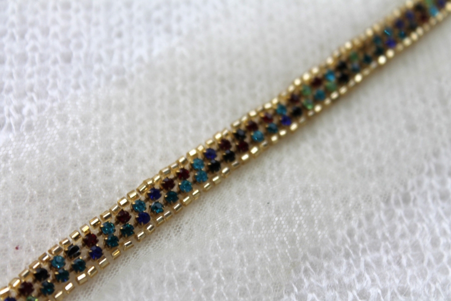 Beaded Diamanté Trim in Gold and Multi - Narrow Colourful