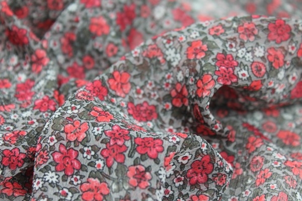 Floral Printed Chiffon - Red on Grey 