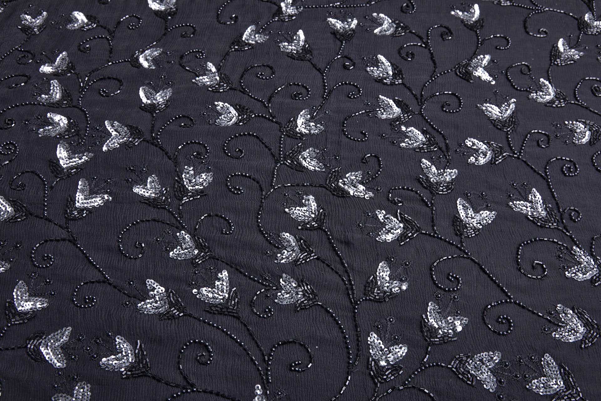 Black Chiffon Round and Bugle Bead Grey Sequins fabric, image 4 of 9