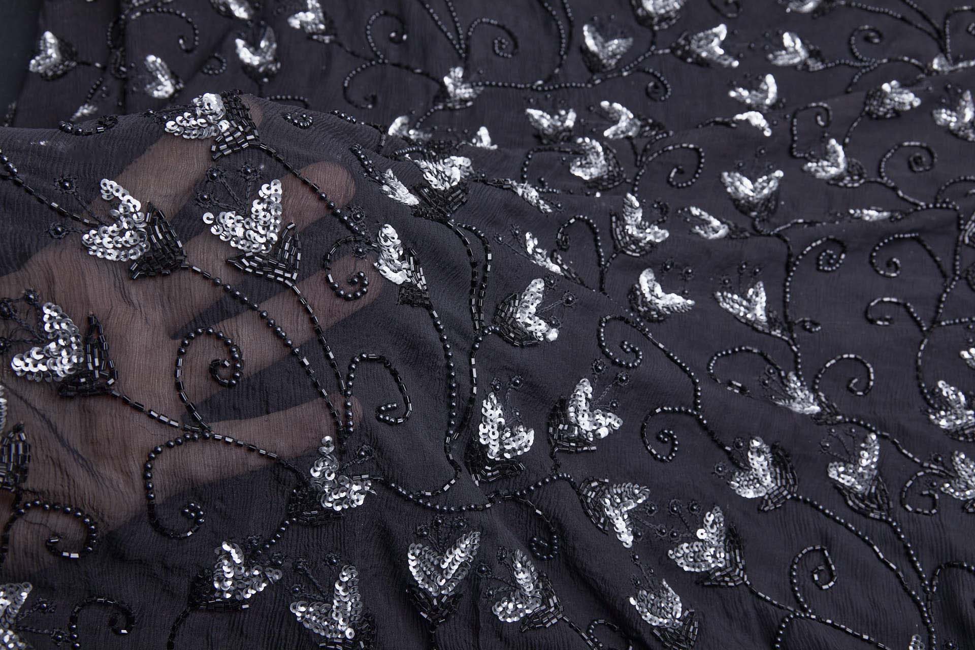Black Chiffon Round and Bugle Bead Grey Sequins fabric