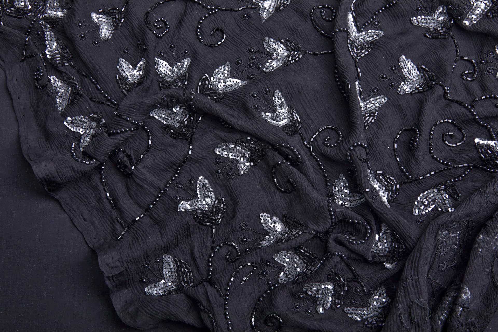 Black Chiffon Round and Bugle Bead Grey Sequins fabric, image 8 of 9
