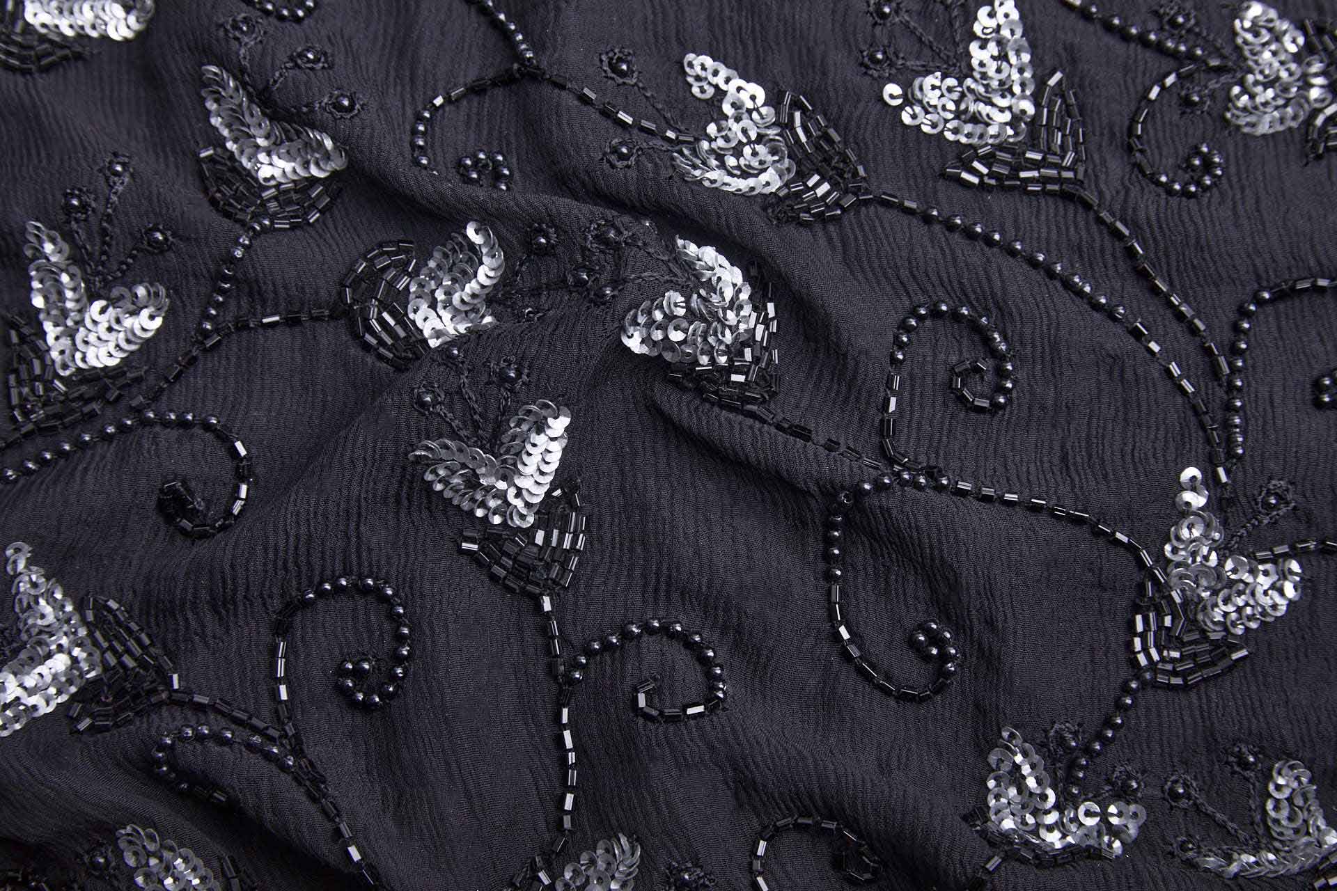 Black Chiffon Round and Bugle Bead Grey Sequins fabric, image 9 of 9