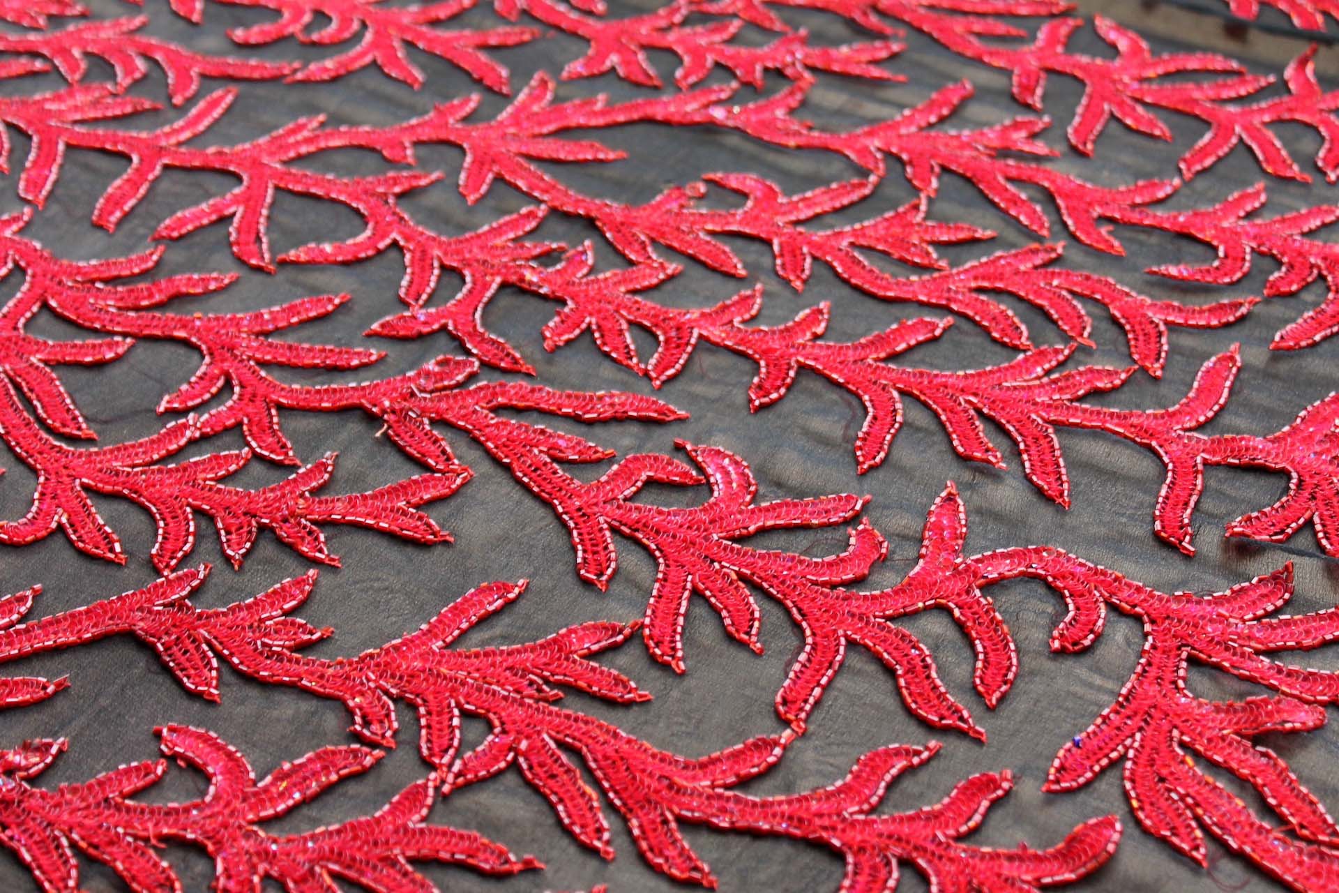 Black Chiffon with Red Beads and Sequins in a Vine Pattern fabric, image 2 of 7