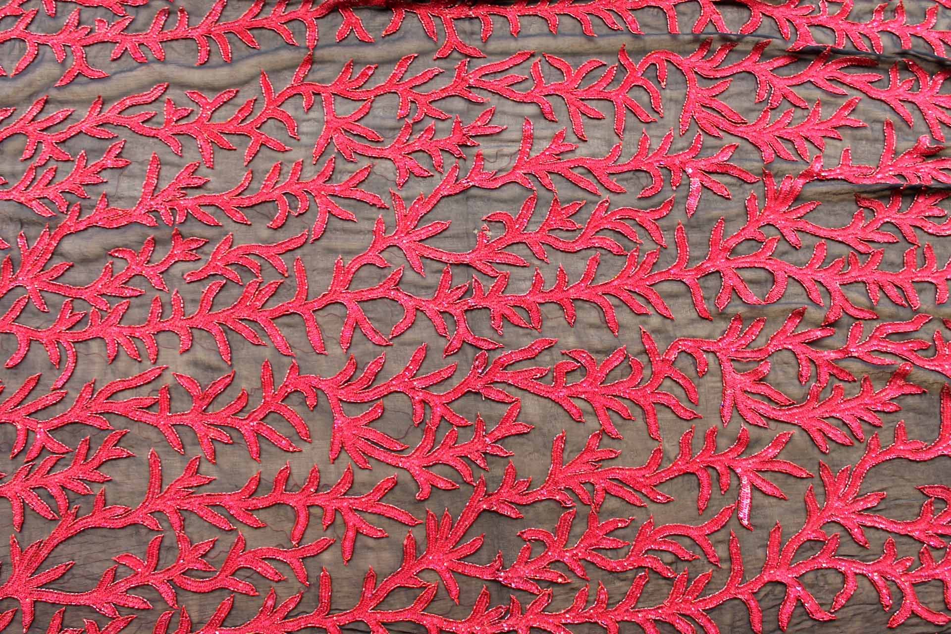 Black Chiffon with Red Beads and Sequins in a Vine Pattern fabric, image 3 of 7