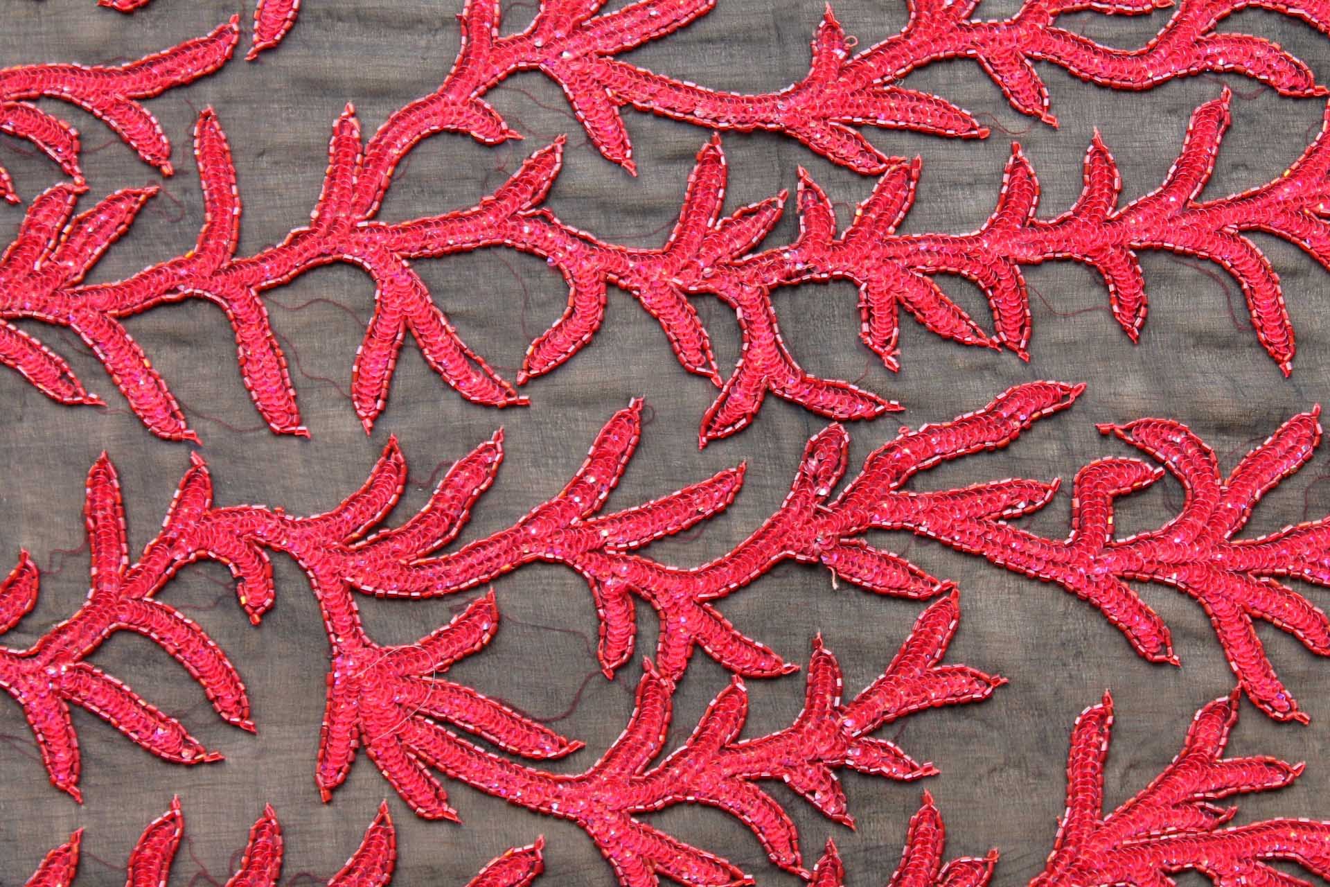 Black Chiffon with Red Beads and Sequins in a Vine Pattern fabric, image 4 of 7