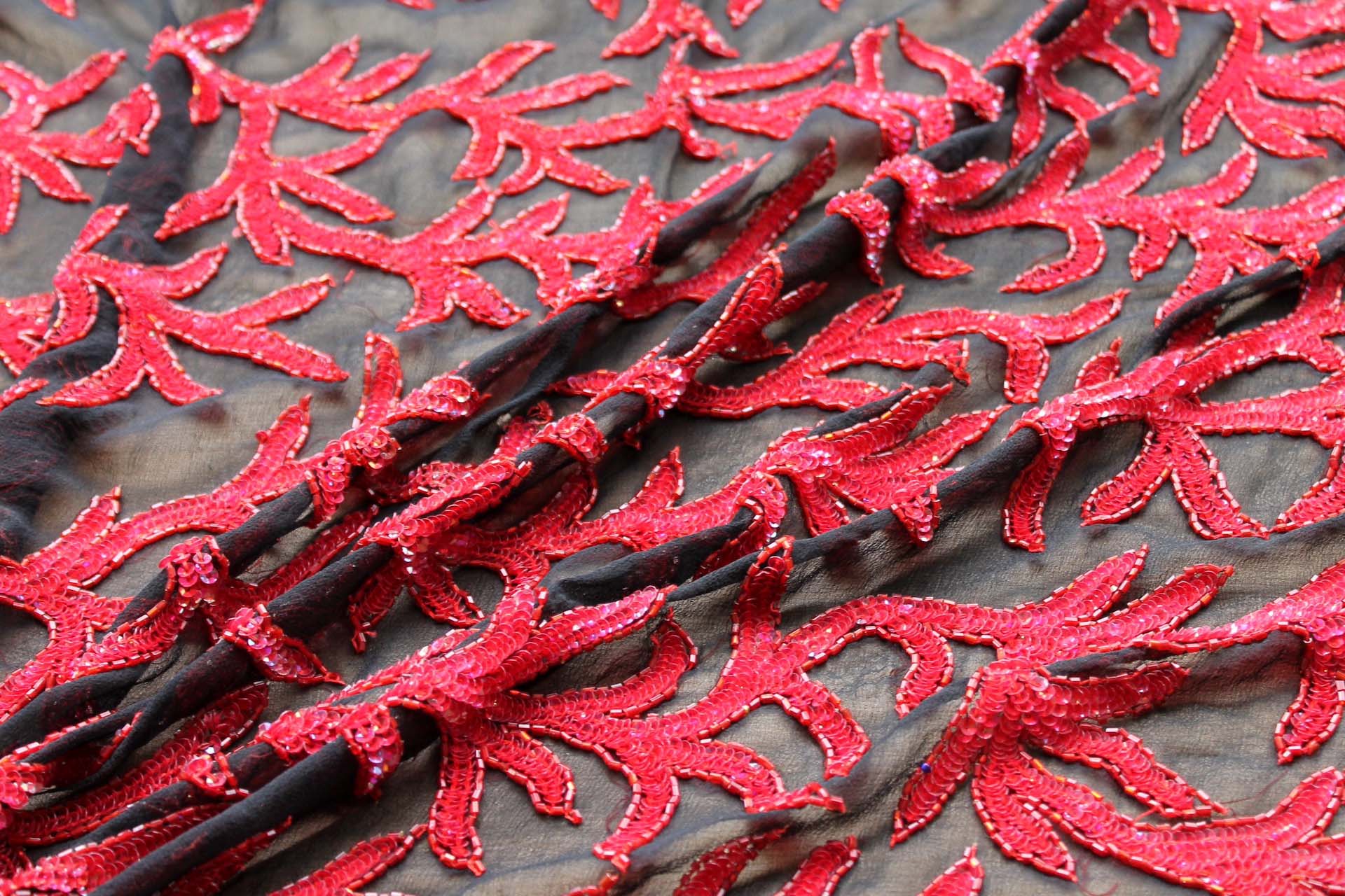 Black Chiffon with Red Beads and Sequins in a Vine Pattern fabric, image 5 of 7