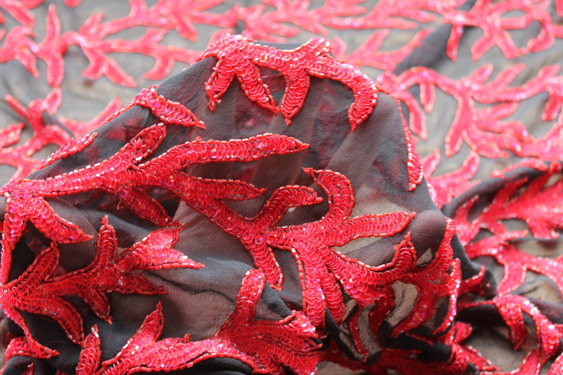 Black Chiffon with Red Beads and Sequins in a Vine Pattern fabric, image 6 of 7