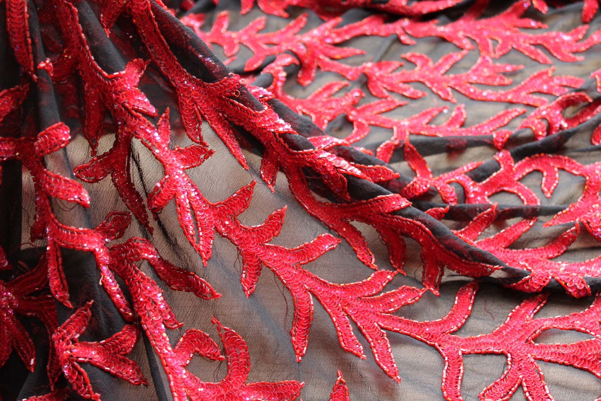 Black Chiffon with Red Beads and Sequins in a Vine Pattern fabric