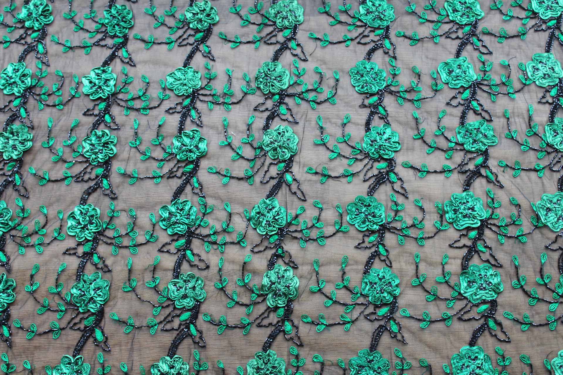 Black Tulle with Green Ribbon Flowers, Black Sequins and Bugle Beads fabric, image 2 of 7