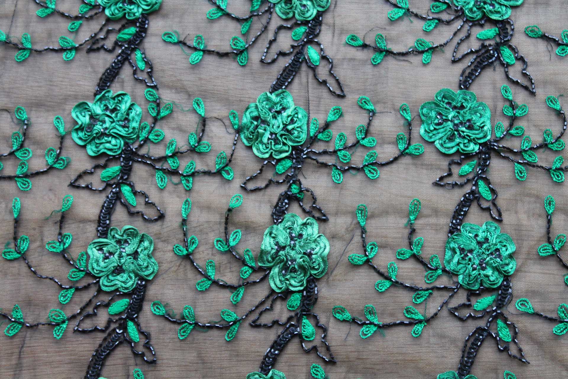 Black Tulle with Green Ribbon Flowers, Black Sequins and Bugle Beads fabric, image 3 of 7