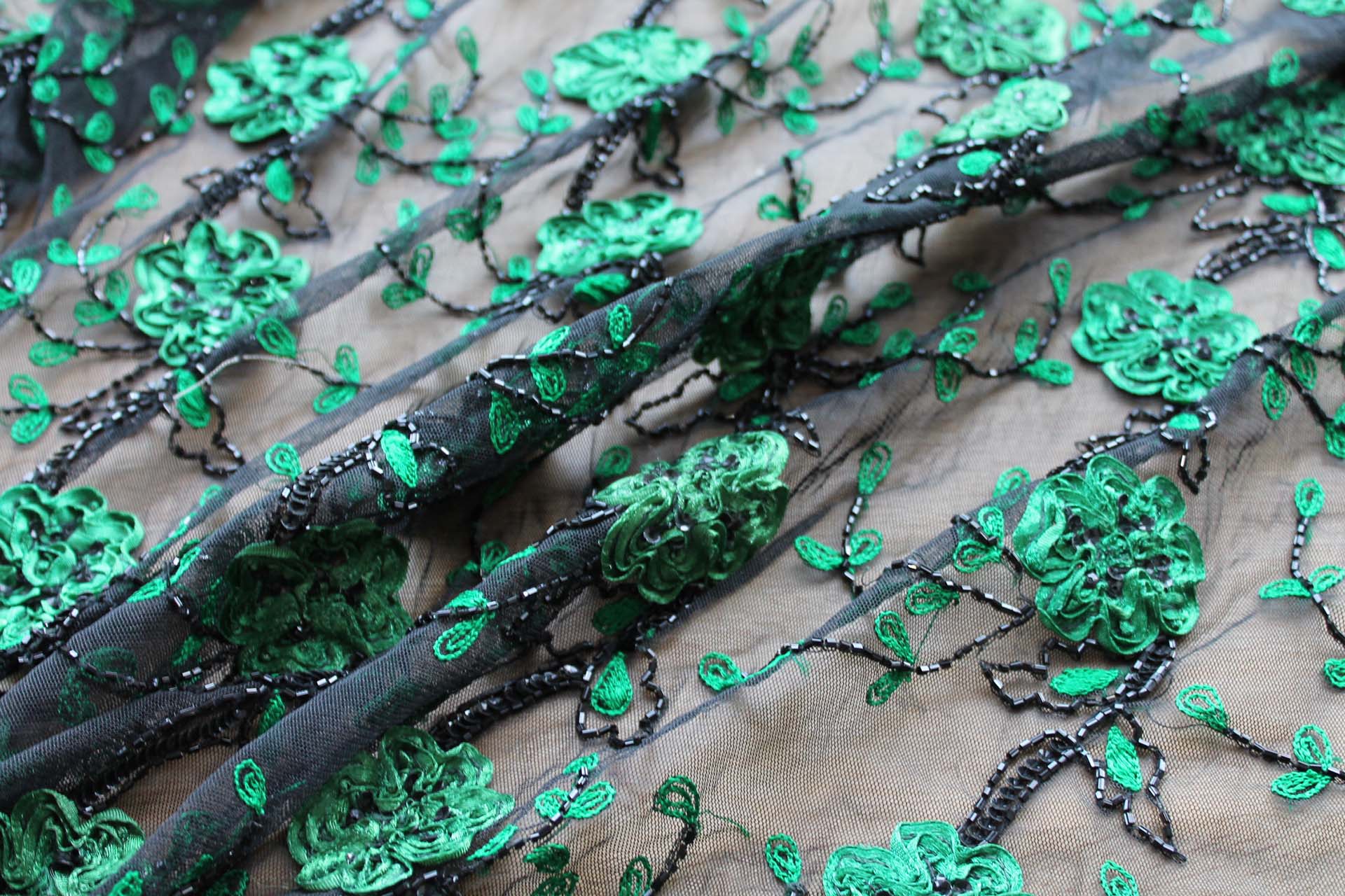 Black Tulle with Green Ribbon Flowers, Black Sequins and Bugle Beads fabric