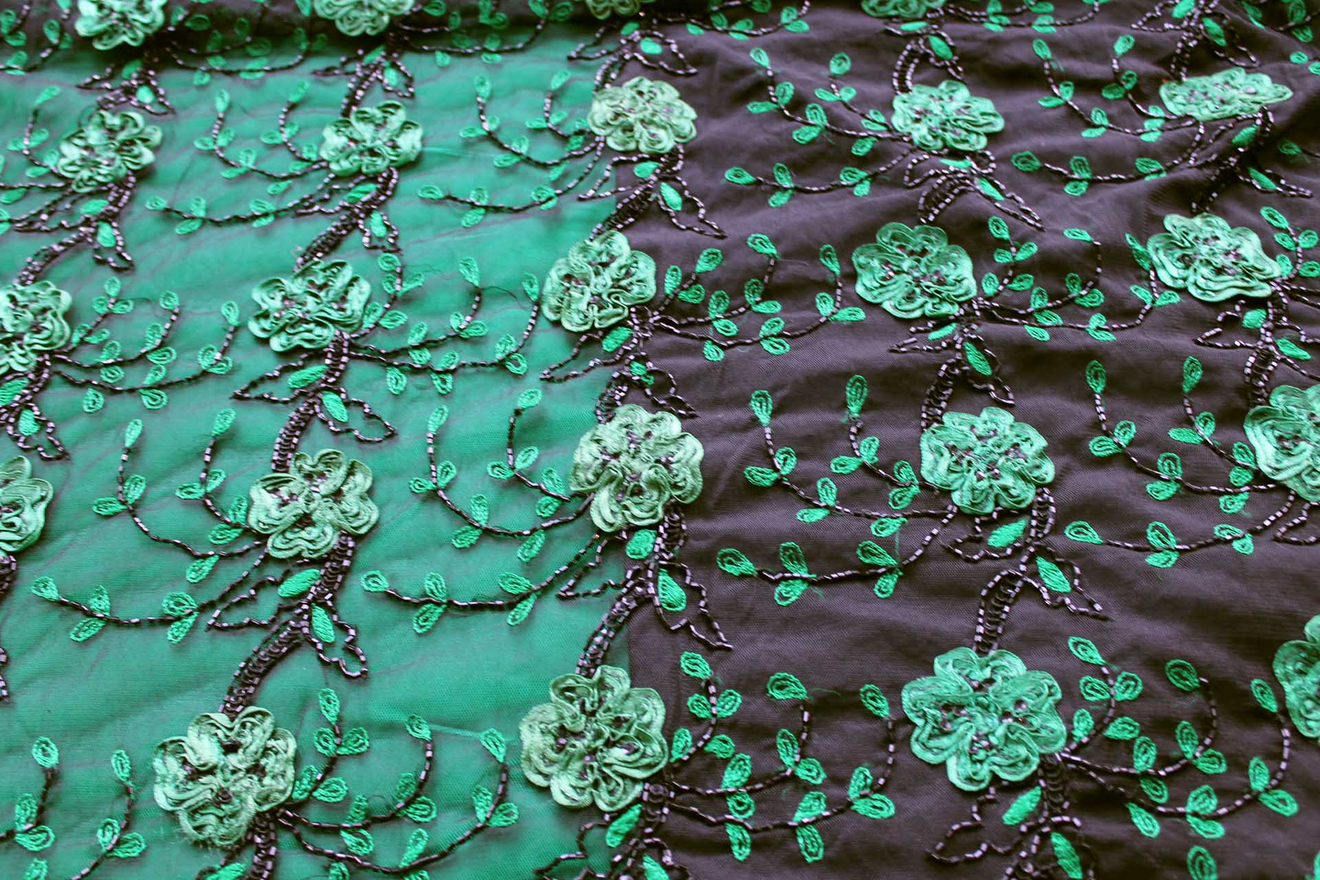 Black Tulle with Green Ribbon Flowers, Black Sequins and Bugle Beads fabric, image 4 of 7