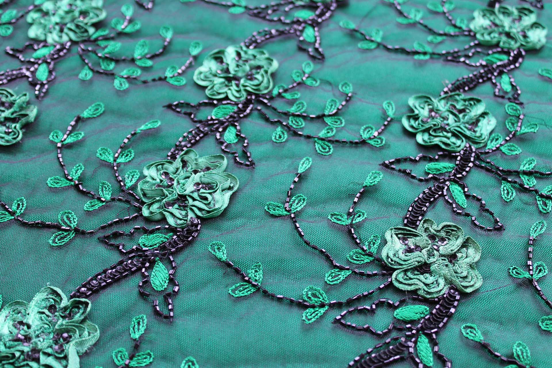 Black Tulle with Green Ribbon Flowers, Black Sequins and Bugle Beads fabric, image 5 of 7