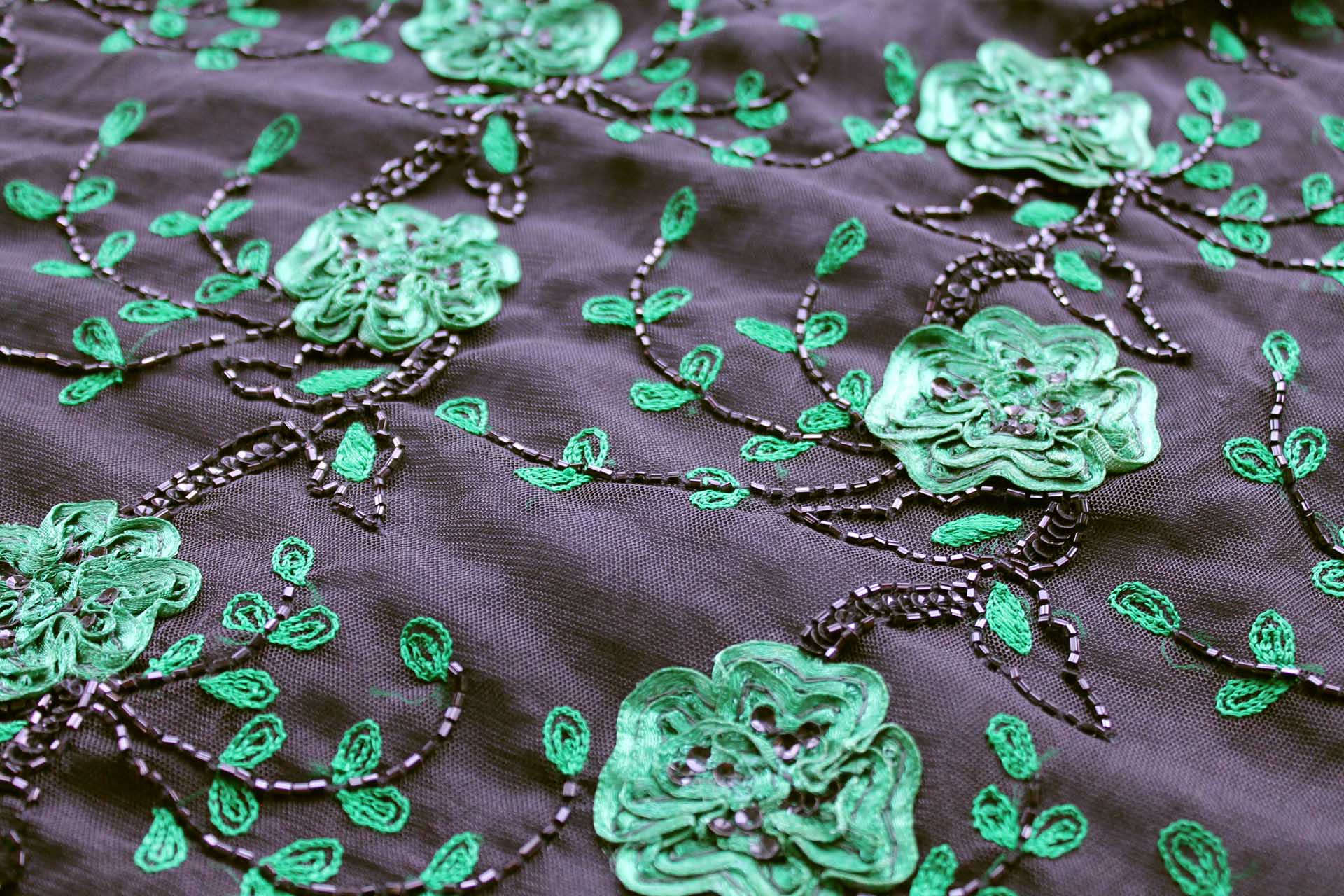 Black Tulle with Green Ribbon Flowers, Black Sequins and Bugle Beads fabric, image 6 of 7