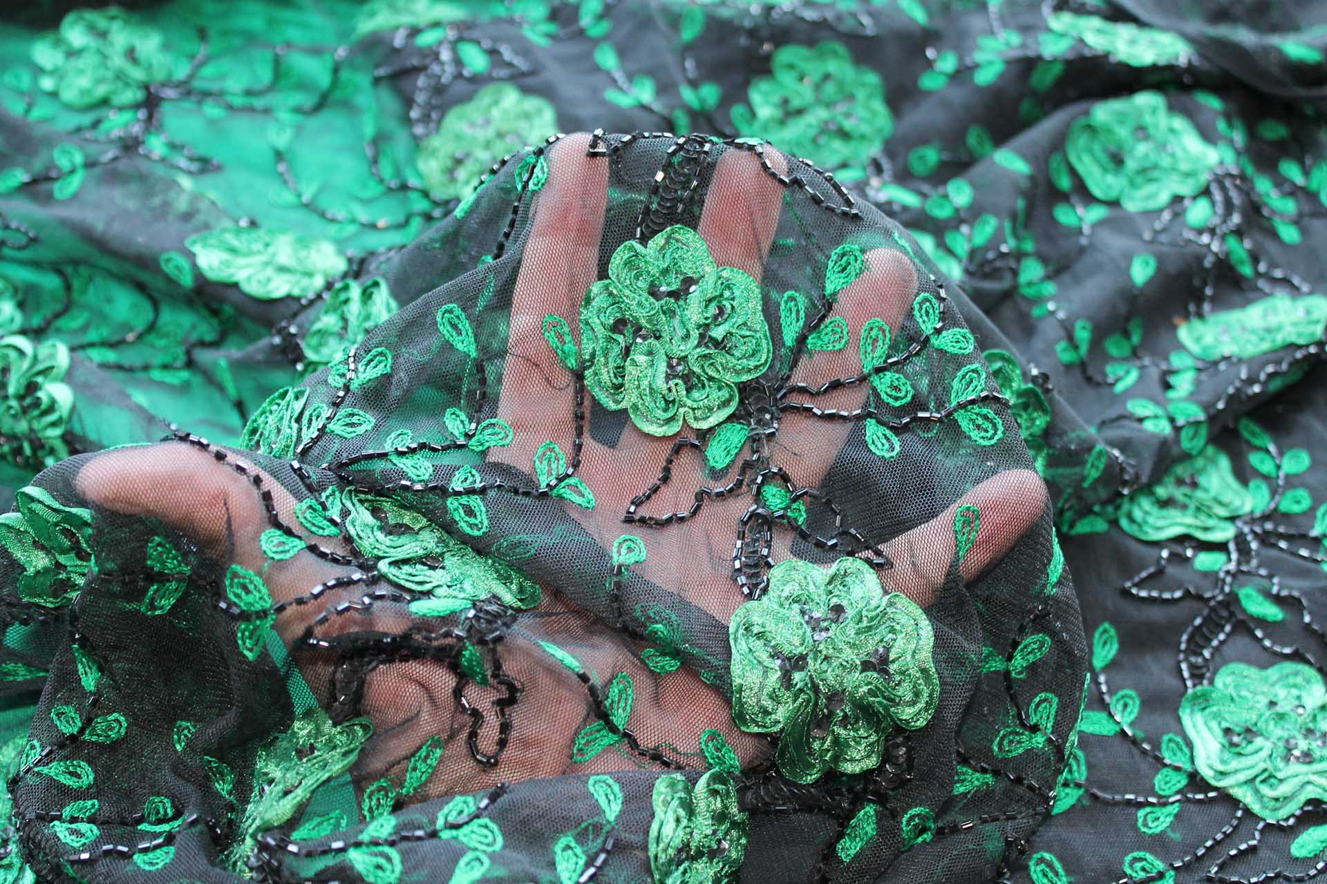 Black Tulle with Green Ribbon Flowers, Black Sequins and Bugle Beads fabric, image 7 of 7